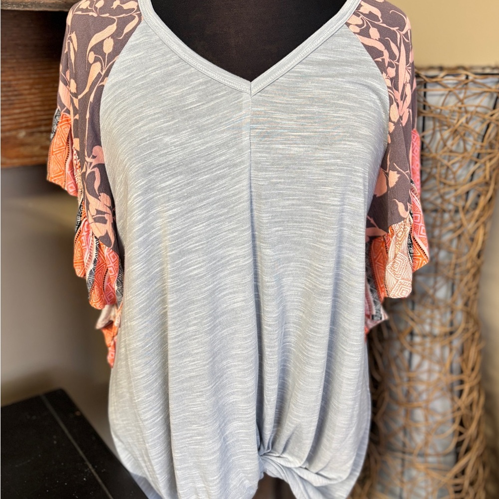 Light Gray V-Neck Short Sleeve Top with Patterned Flutter Sleeves